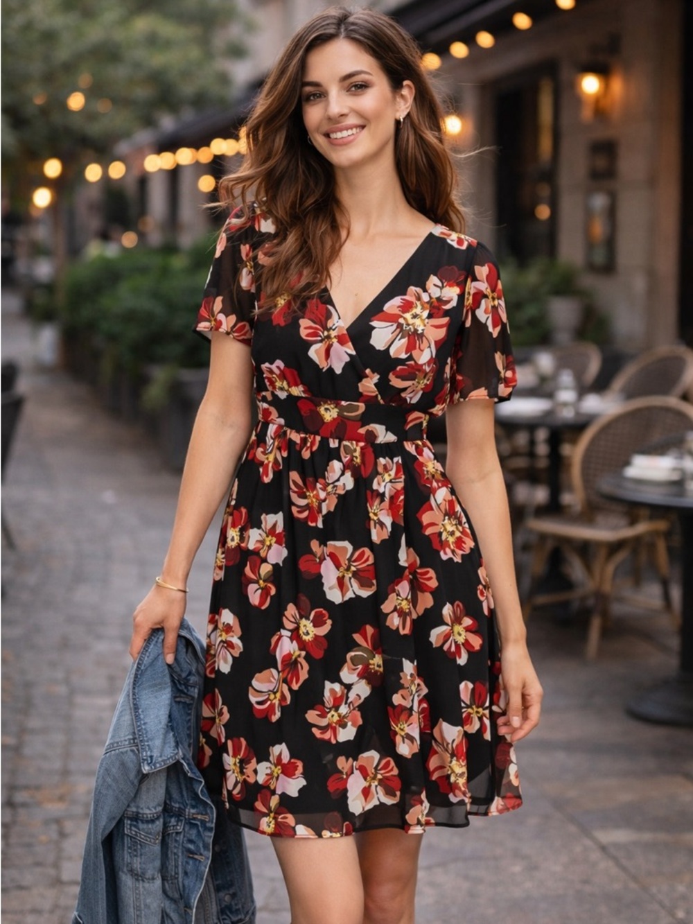 MADEWELL Black Red French Rose Floral V Neck Faux Wrap Mini Dress Tulip Sleeve 2